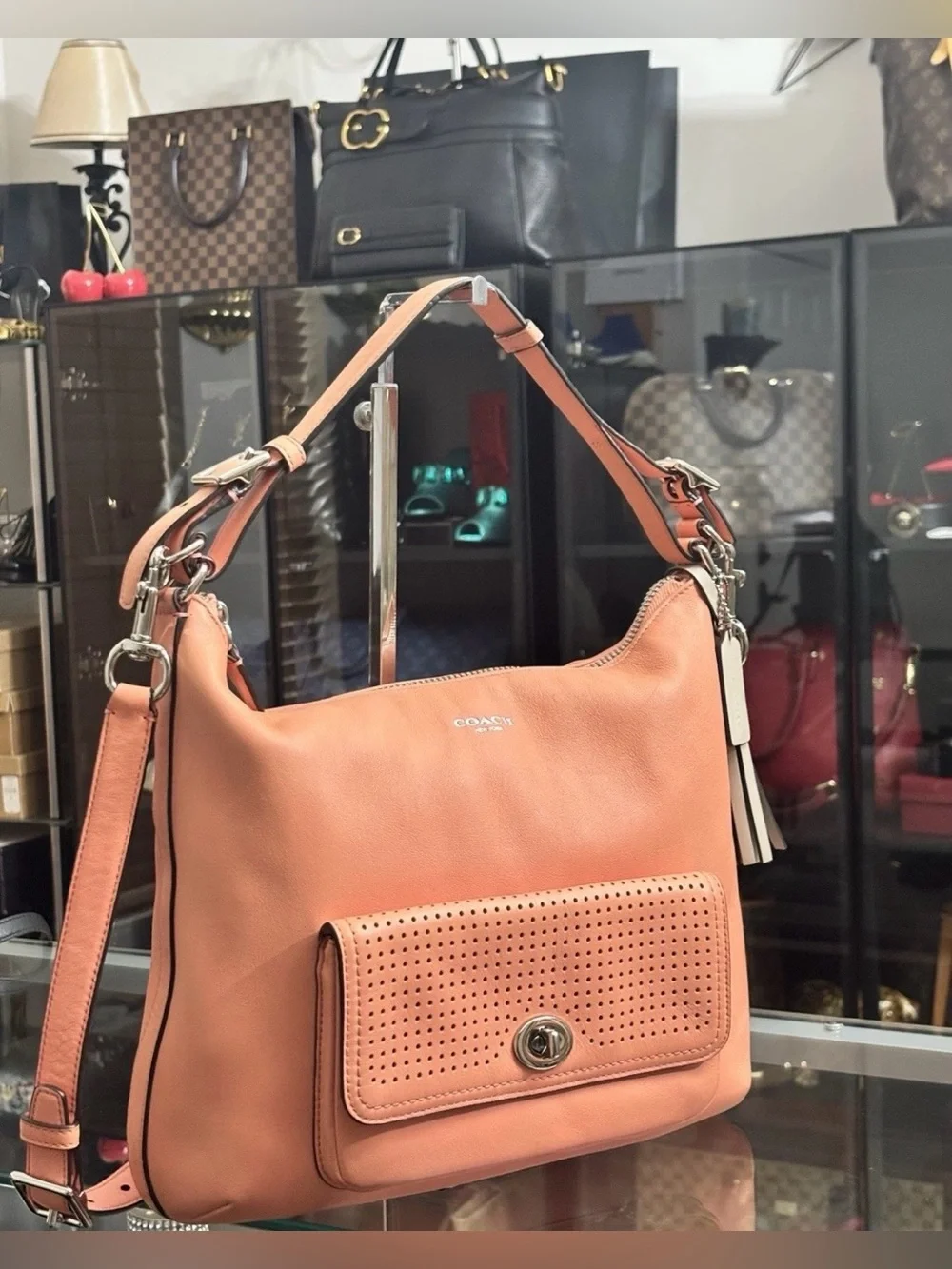 Women's Coral Leather Shoulder Bag with Front Pocket